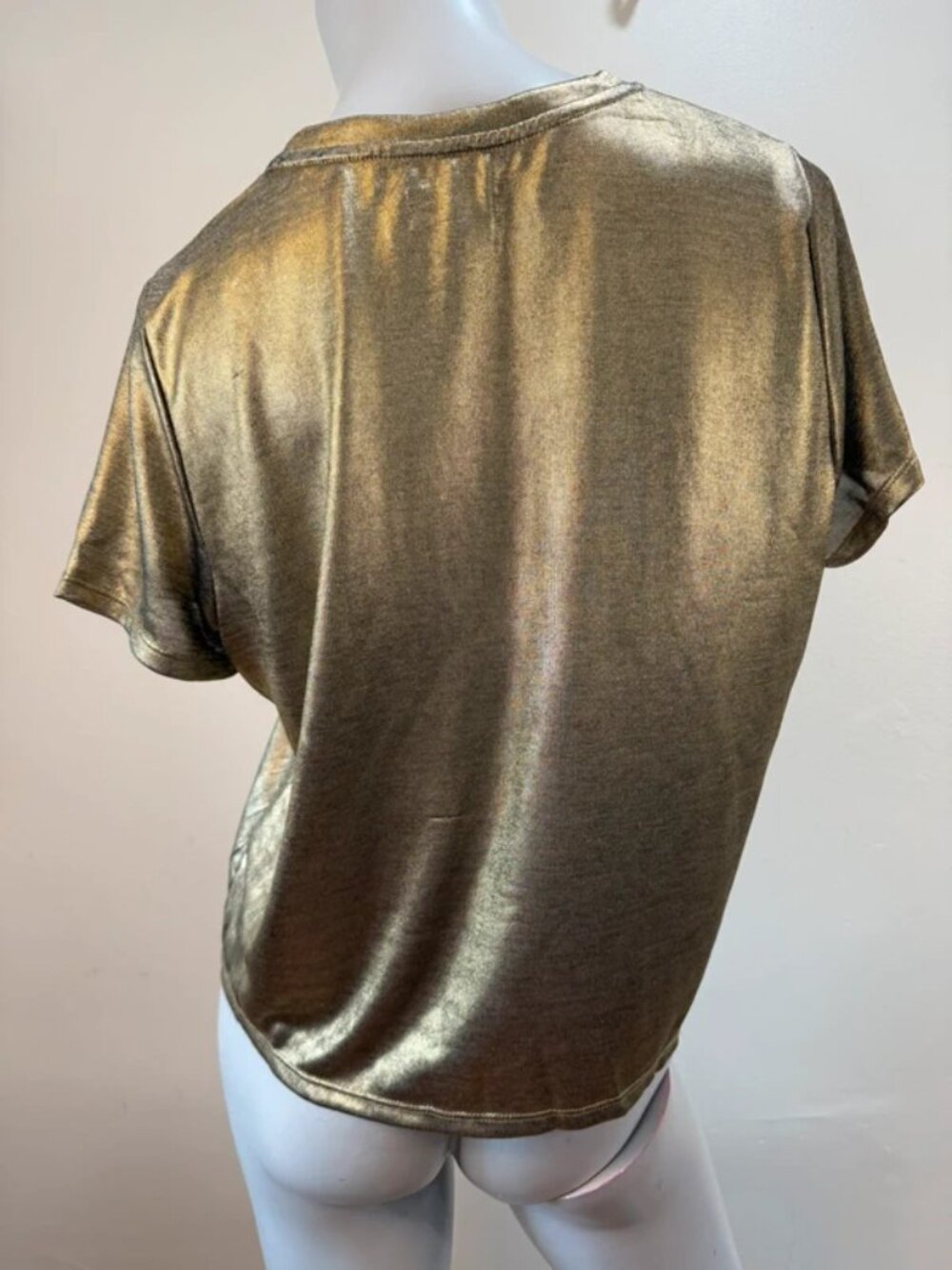 Liquid Gold Metallic Foil Shimmer Knit T Shirt Large - Picture 3 of 5